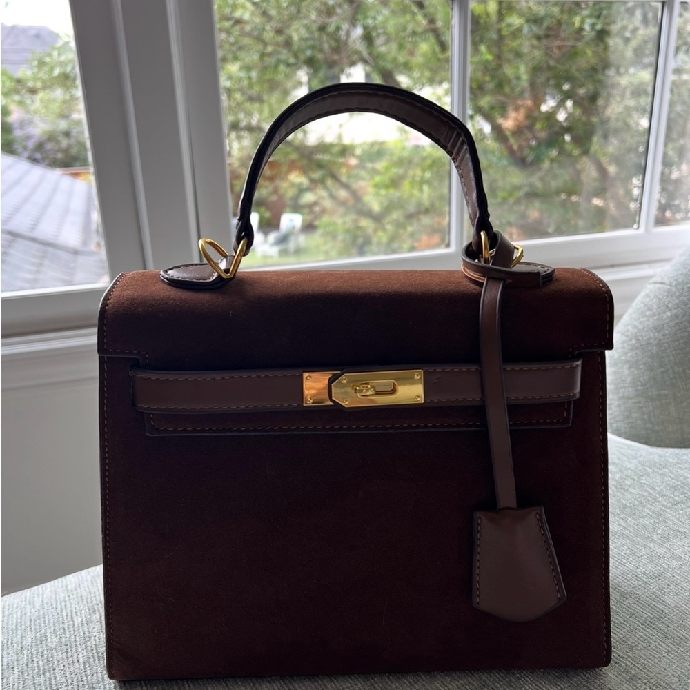 Brown Top-Handle Suede Bag with Gold Hardware